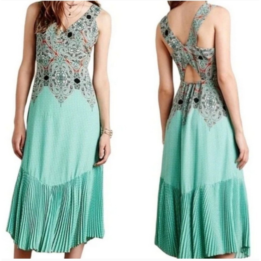 Anthropologie Maeve Mermaid Fishtail Pleated Asymmetrical Canyon Creek Dress - Picture 2 of 14